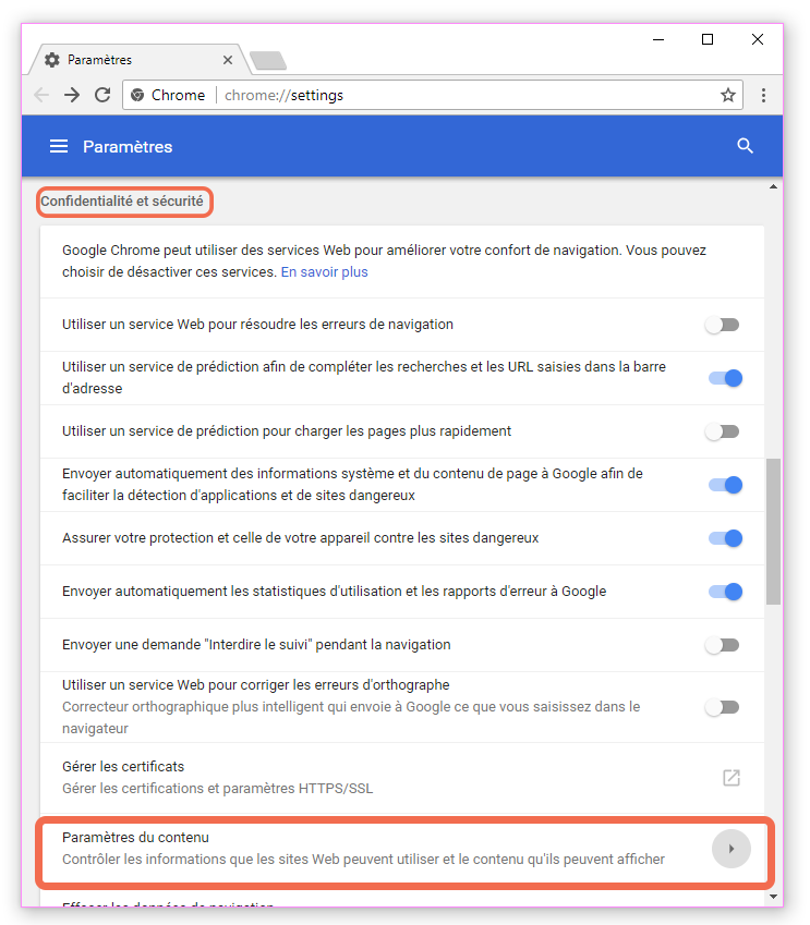 ventana de Configuración de contenido